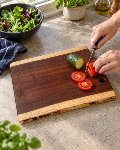 Hands slicing a tomato on a live-edge wood cutting board beside cucumber and salad greens; food and props are not included.