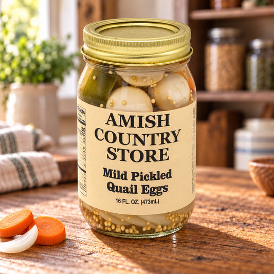 Amish Country Store Mild Pickled Quail Eggs, 16 fl oz jar on a sunlit wooden pantry counter with carrot and onion.
