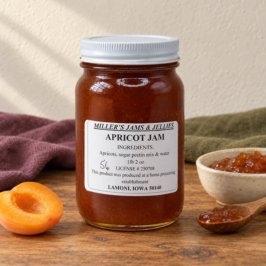 Miller’s Apricot Jam, 18 oz (1 lb 2 oz), beside a small serving and fruit