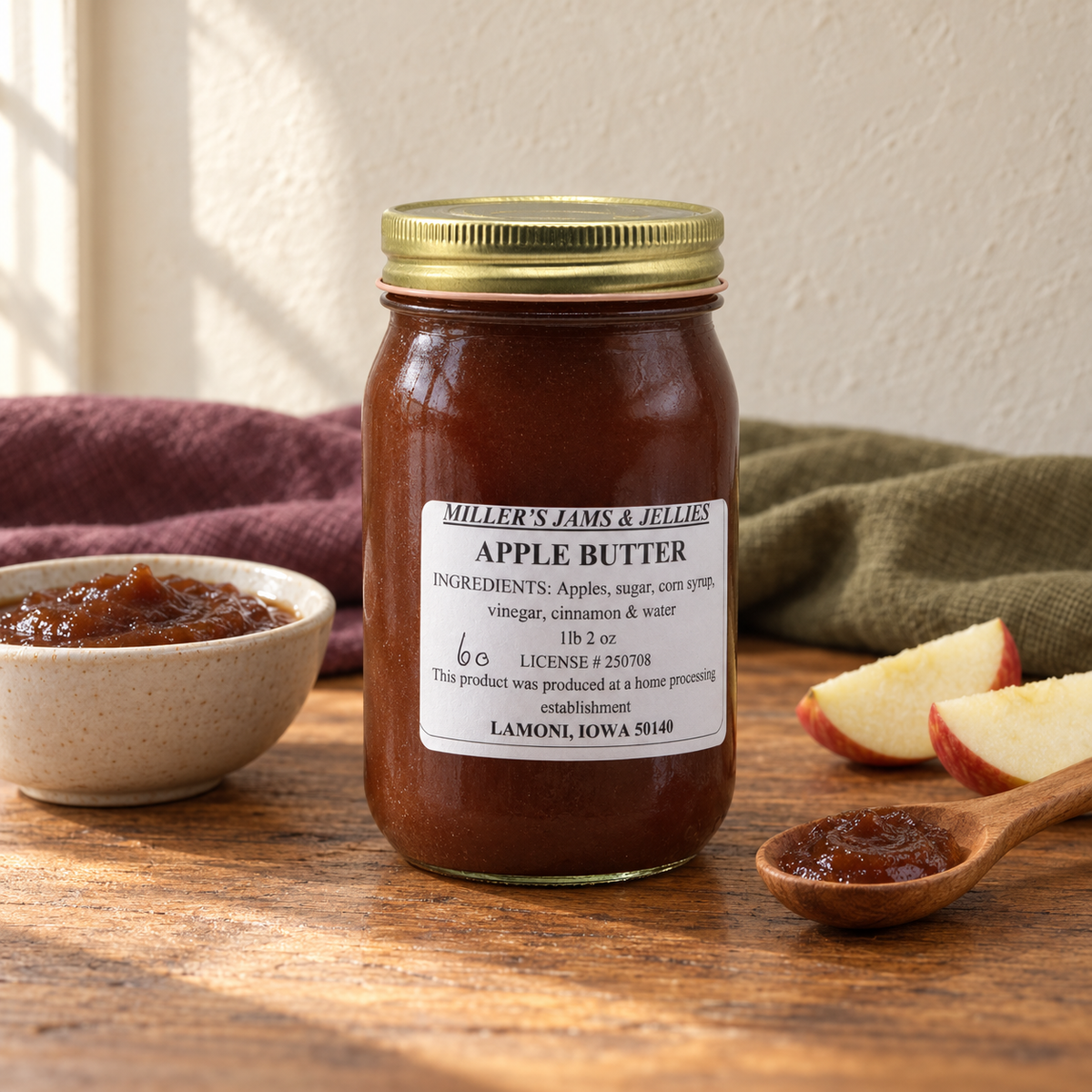 Miller’s Apple Butter, 18 oz, beside a small serving and fruit