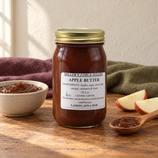 Miller’s Apple Butter, 18 oz, beside a small serving and fruit