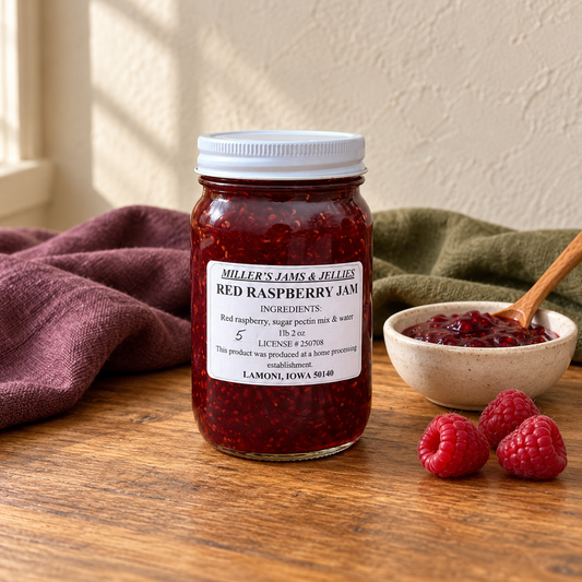 Miller’s Red Raspberry Jam, 18 oz, beside a small serving and fruit