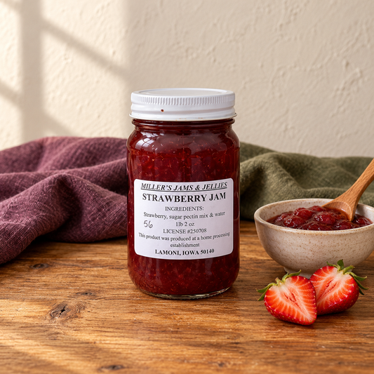 Miller’s Strawberry Jam, 18 oz, beside a small serving and fruit
