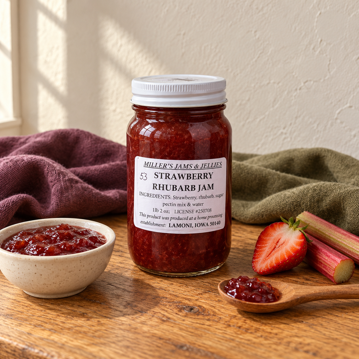 Miller’s Strawberry Rhubarb Jam, 18 oz, beside a small serving and fruit