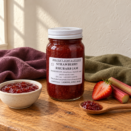 Miller’s Strawberry Rhubarb Jam, 18 oz, beside a small serving and fruit