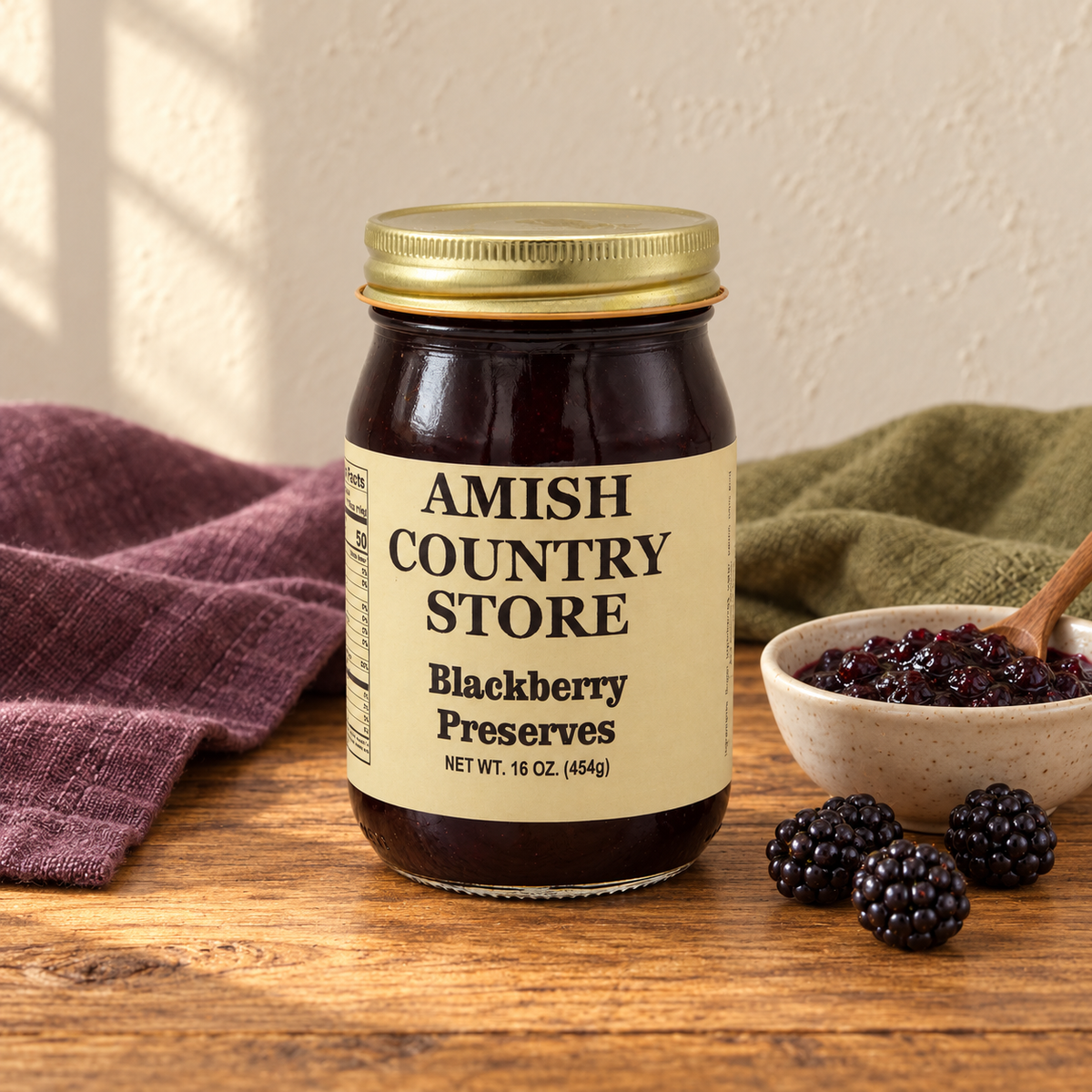 Blackberry Preserves, 16 oz (454g), beside a small serving and fruit
