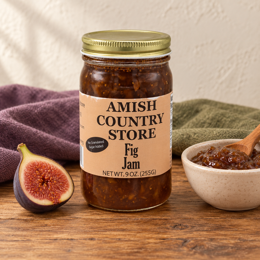 Fig Jam, 9 oz (255g), beside a small serving and fruit