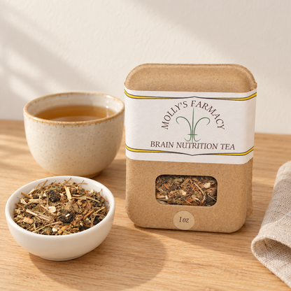 Brain Nutrition Loose-Leaf Herbal Tea | Molly’s Farmacy — product scene with a warm country pantry setting. Serving props are not included.