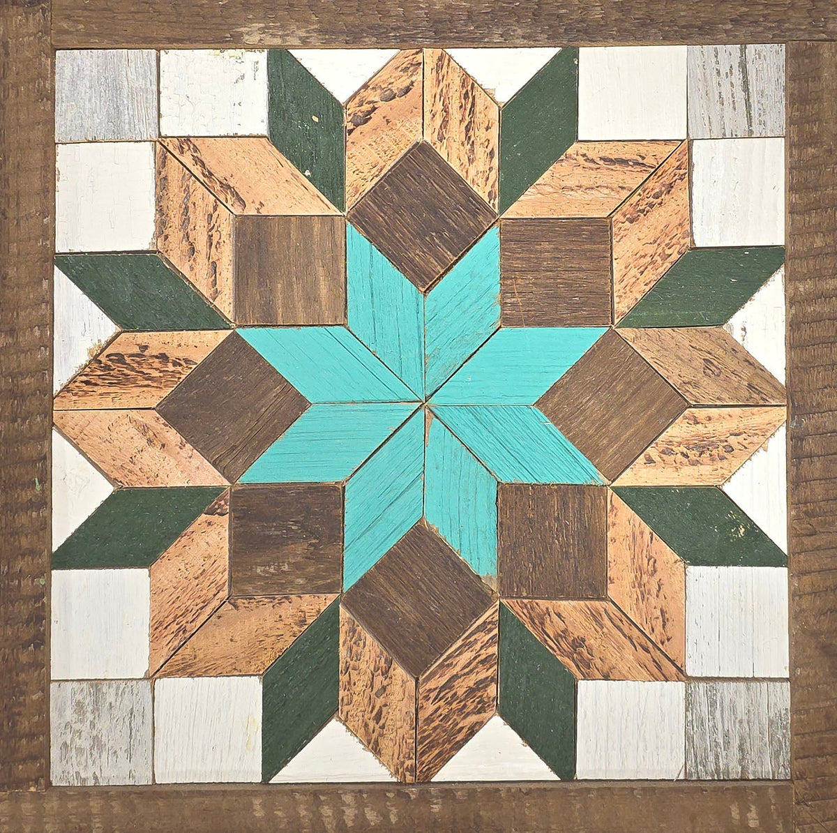 Original product photograph of the 10.5-inch barn quilt, Green and Turquoise design.