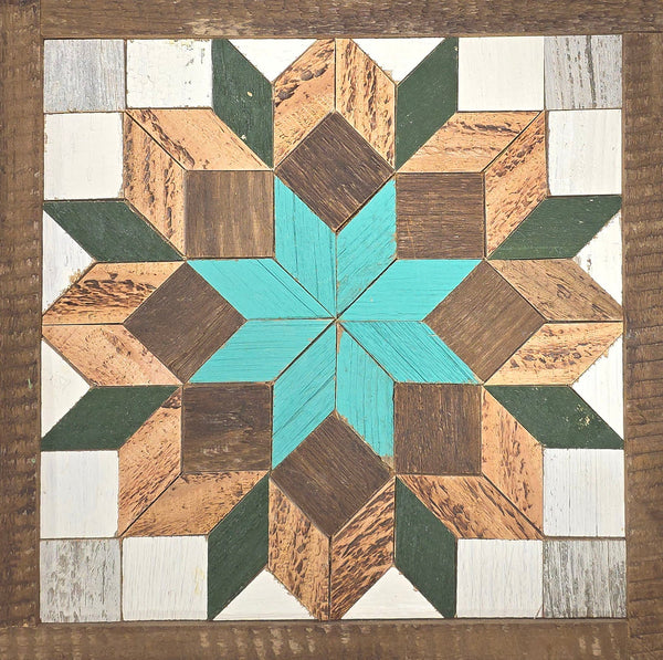Original product photograph of the 10.5-inch barn quilt, Green and Turquoise design.