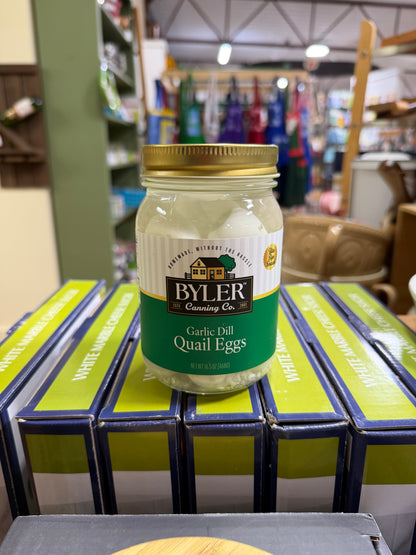 Genuine front label photograph of Byler Garlic Dill Pickled Quail Eggs | 16.5 oz