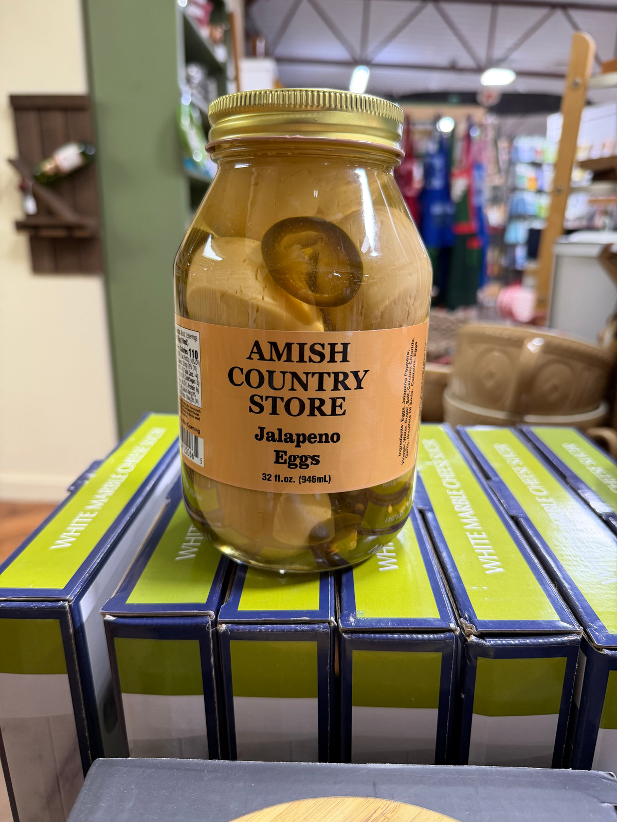 Genuine front label photograph of Jalapeño Pickled Eggs with Garlic | 32 fl oz