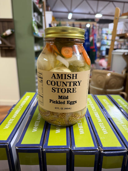 Genuine front label photograph of Mild Pickled Eggs with Vegetables | 32 fl oz