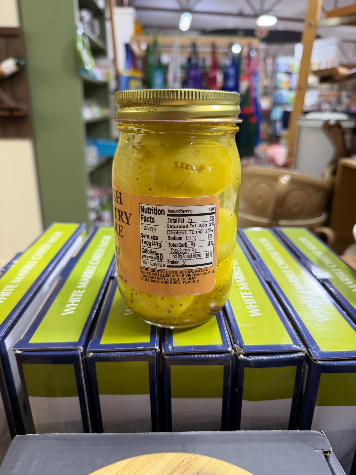 Genuine ingredient and nutrition label photograph of Mustard Pickled Eggs with Celery Seed | 17 oz