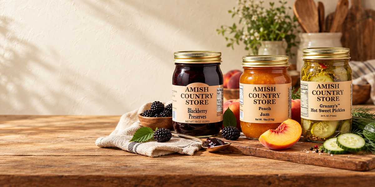 Amish Country Store pantry jars arranged on a country kitchen counter