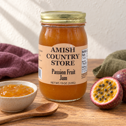 Passion Fruit Jam, 19 oz (539g), beside a small serving and fruit