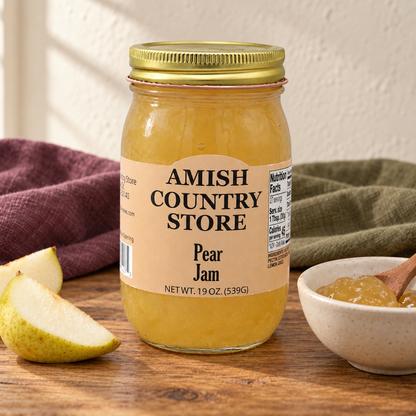 Pear Jam, 19 oz (539g), beside a small serving and fruit