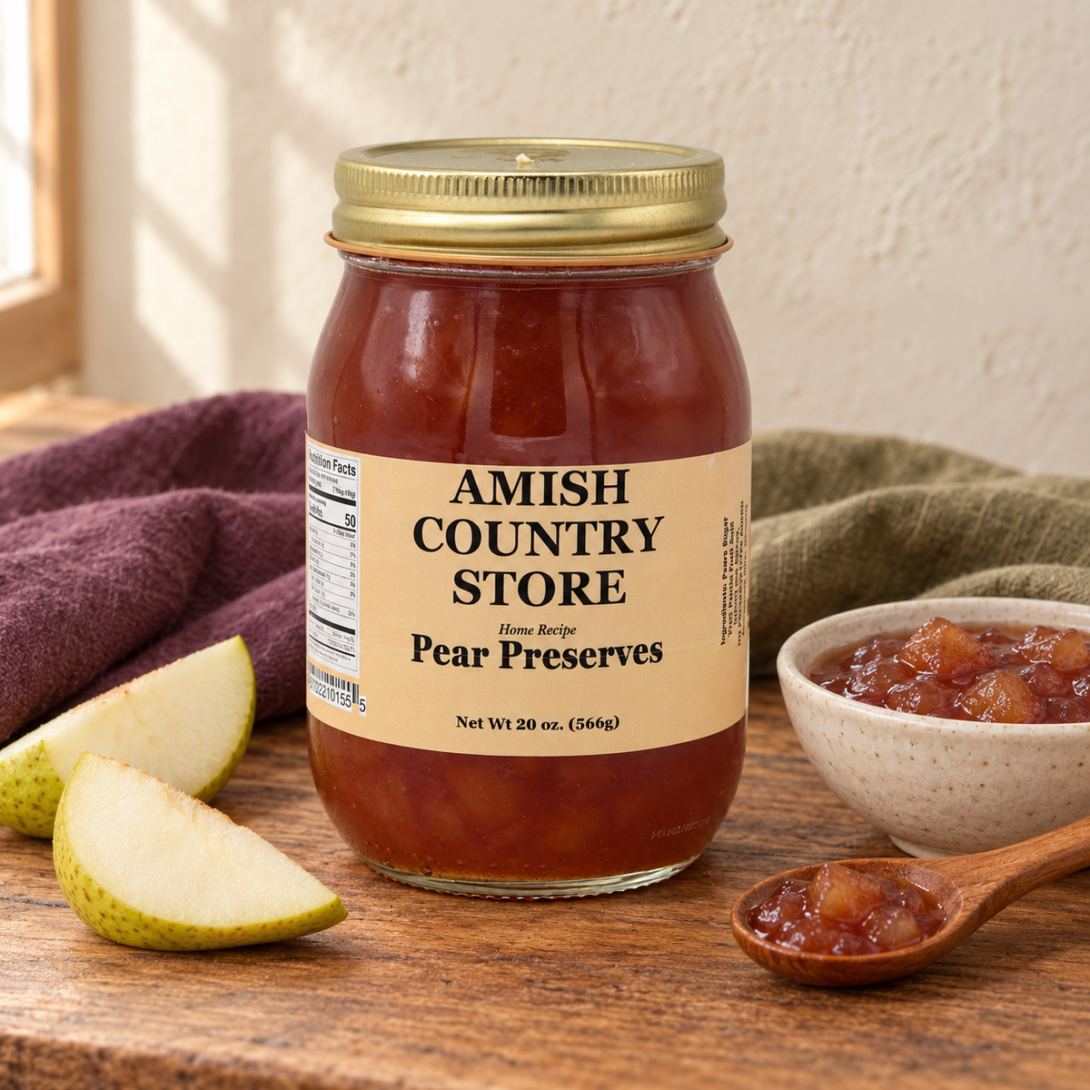 Pear Preserves, 20 oz (566g), beside a small serving and fruit