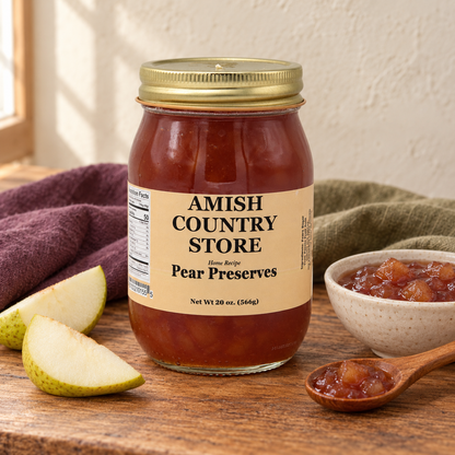 Pear Preserves, 20 oz (566g), beside a small serving and fruit