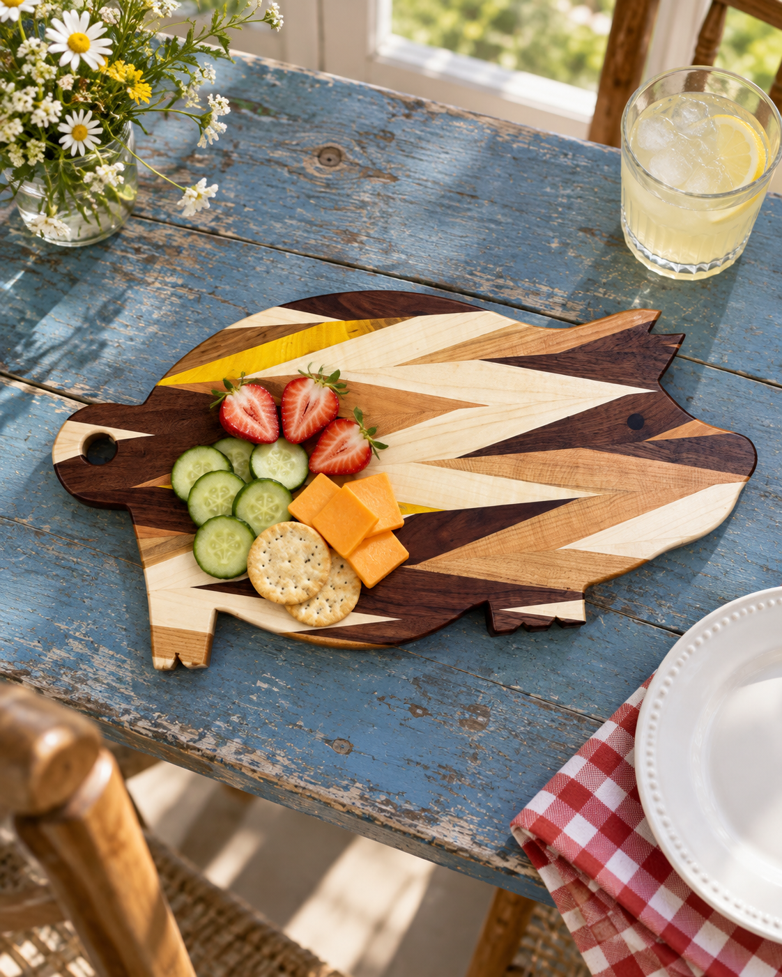 Chevron-pattern pig-shaped board serving cucumber, strawberries, cheese and crackers on a blue porch table; patterns and wood colors vary.