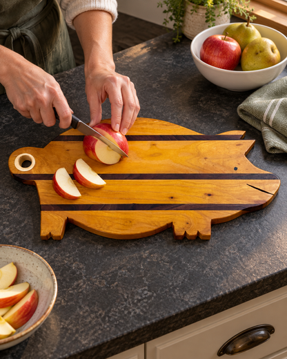 Hands slicing an apple on a golden wood pig-shaped board with three dark stripes; food and props are not included.