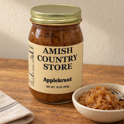 16 oz Amish Country Store Applekraut jar beside a serving of brown-gold sauerkraut and tender apple pieces.