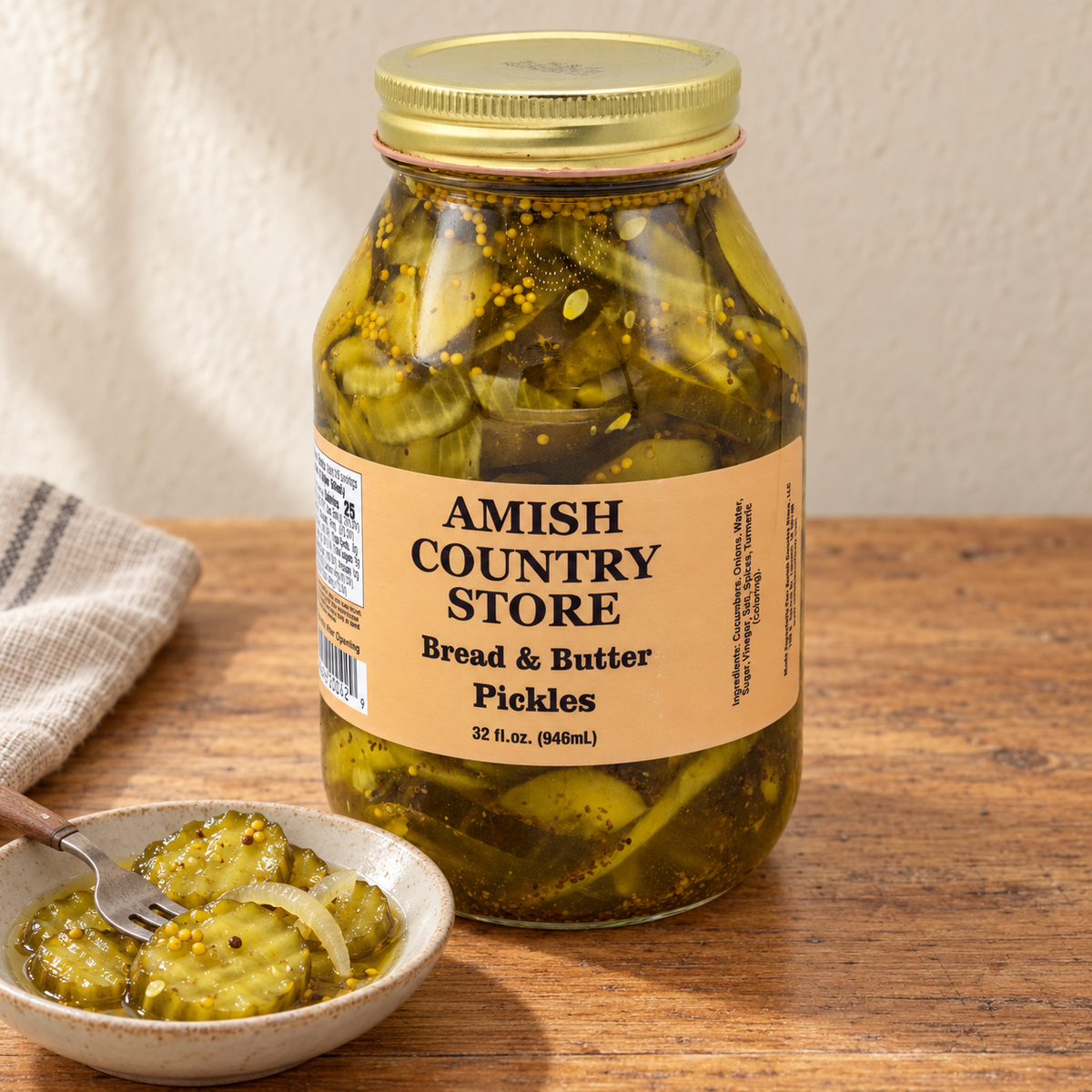 32 fl oz Amish Country Store Bread & Butter Pickles jar beside crinkle-cut pickle slices and pickled onion in a dish.