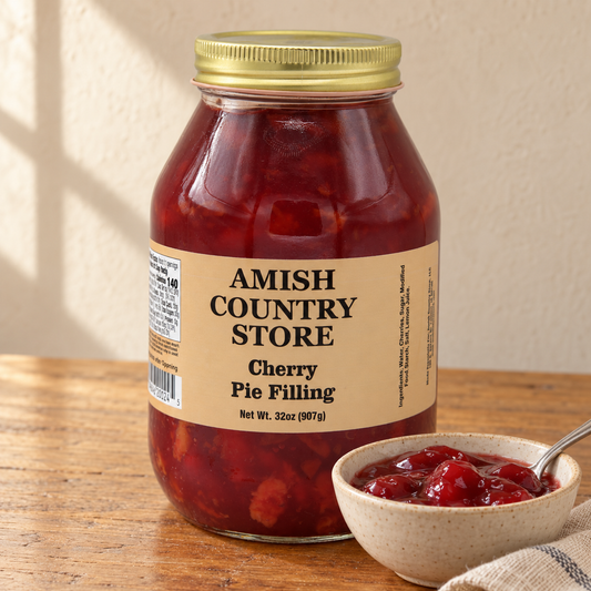 Amish Country Store Old-Fashioned Cherry Pie Filling jar beside a serving of its contents.