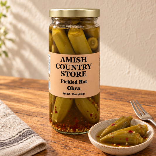 Amish Country Store Pickled Hot Okra 16 oz jar with a clear front label, beside whole pickled okra and red pepper flakes.