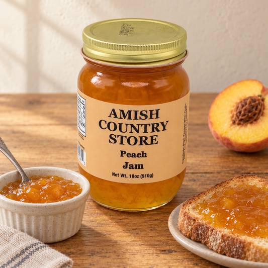 Peach Jam jar beside a serving of its contents.