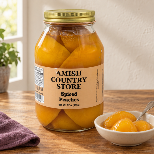 Amish Country Store Spiced Peaches 32 oz jar beside peeled peach pieces in syrup.