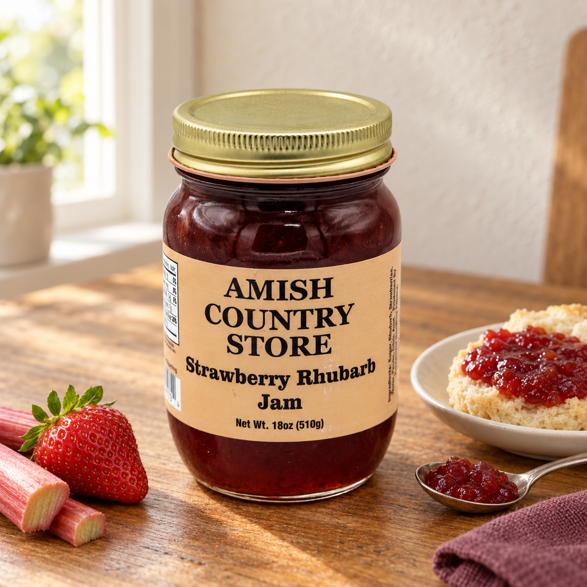 Amish Country Store Strawberry Rhubarb Jam 18 oz jar beside jam, a biscuit, strawberry and rhubarb.