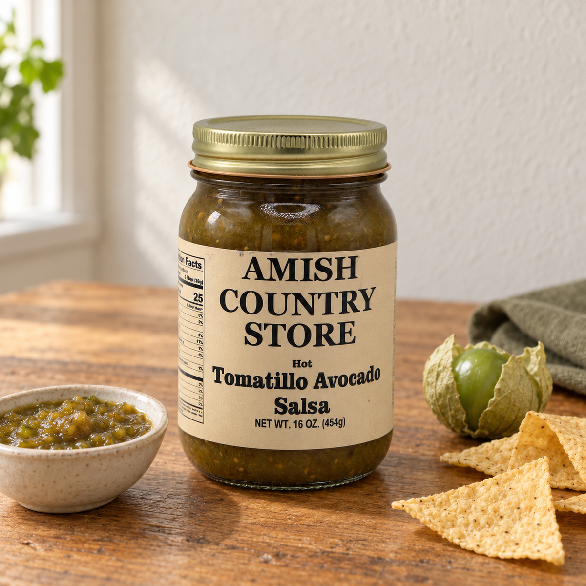 Amish Country Store Hot Tomatillo Avocado Salsa 16 oz jar beside green salsa and tortilla chips.