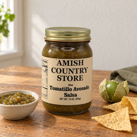 Amish Country Store Hot Tomatillo Avocado Salsa 16 oz jar beside green salsa and tortilla chips.