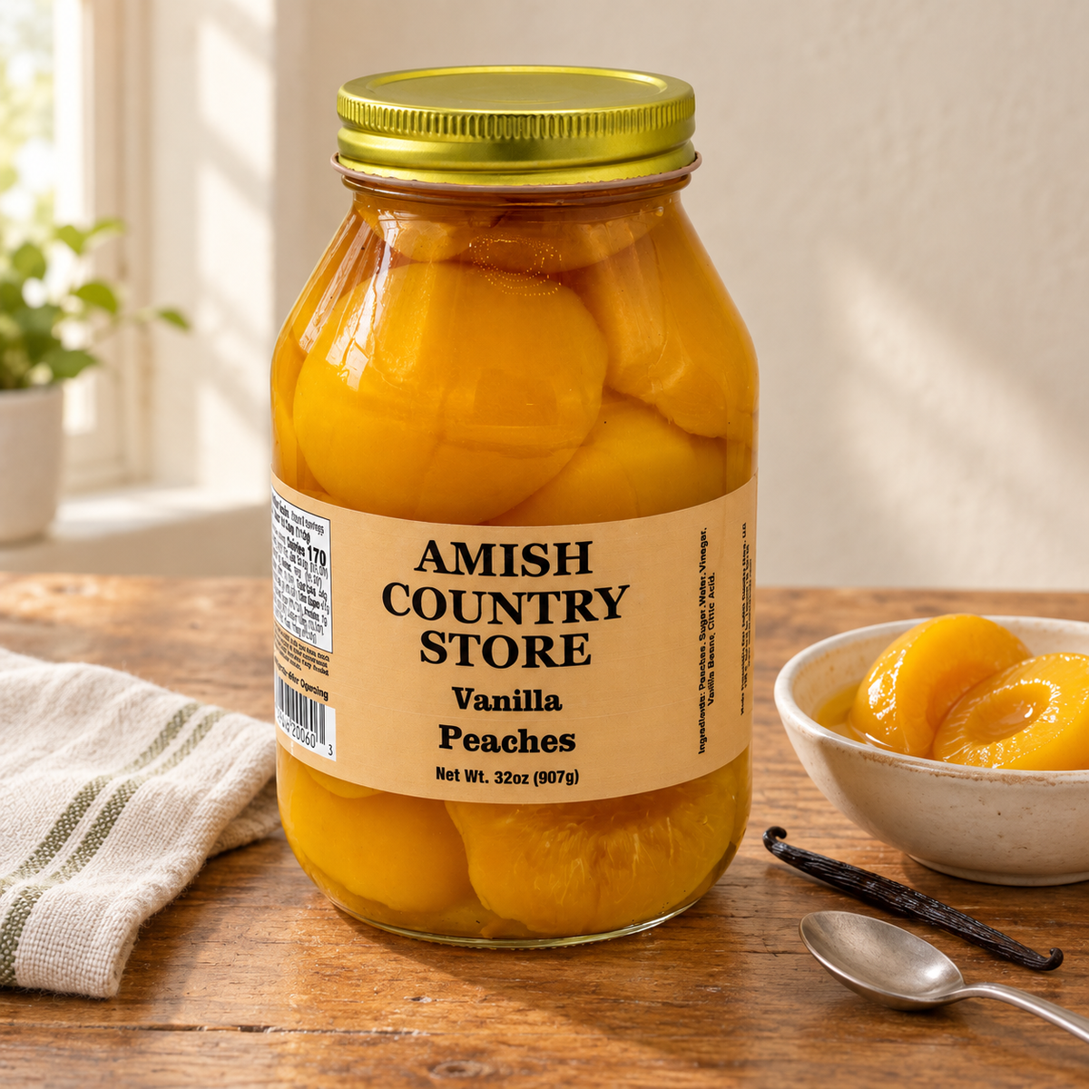 Amish Country Store Vanilla Peaches 32 oz jar beside tender peach halves in syrup and a vanilla pod.