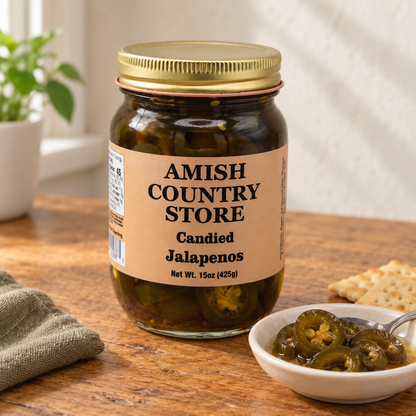 Amish Country Store Candied Jalapenos, 15 oz jar, with a small dish of syrupy pickled jalapeño rings.