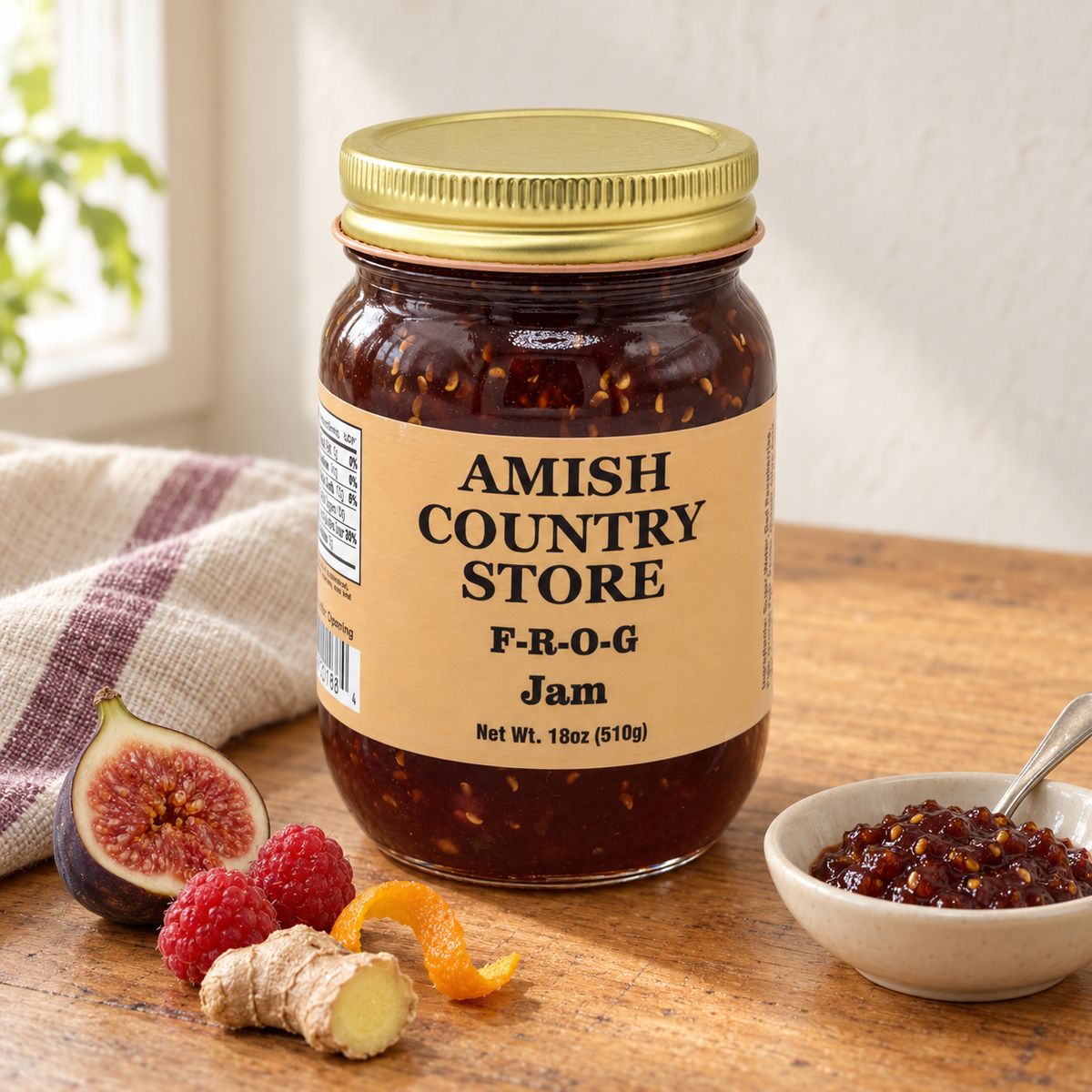 Amish Country Store F-R-O-G Jam, 18 oz jar, with jam, fig, raspberries, orange peel and ginger.