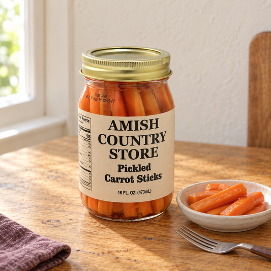 Amish Country Store Pickled Carrot Sticks, 16 fl oz jar, with a small dish of orange pickled carrot sticks.
