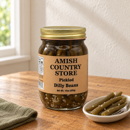 Amish Country Store Pickled Dilly Beans, 15 oz jar, with a small dish of pickled green beans.