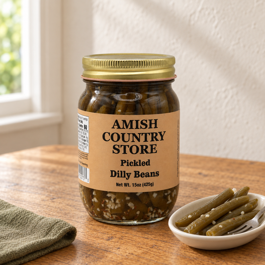 Amish Country Store Pickled Dilly Beans, 15 oz jar, with a small dish of pickled green beans.