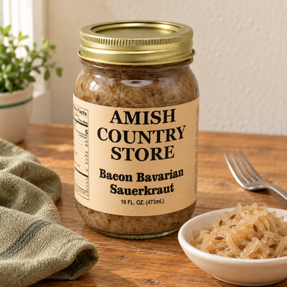 Amish Country Store Bacon Bavarian Sauerkraut, 16 fl oz (473mL) jar, beside a small serving matching its contents.