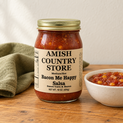 Medium-Hot Bacon Corn Salsa (Bacon Me Happy) in its original labeled jar with a small serving beside it on a warm wood table.
