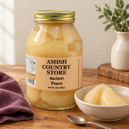 Amish Country Store Bartlett Pears, 32 oz (907g) jar, beside a small serving matching its contents.