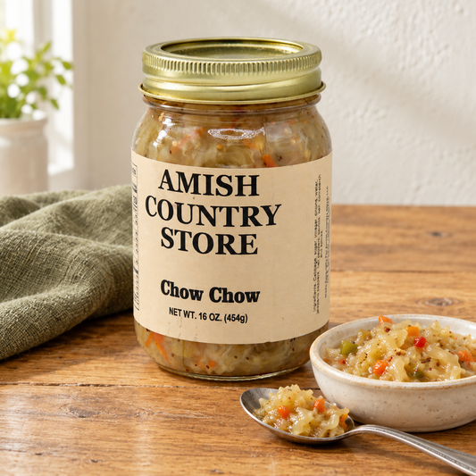 Amish Country Store Chow Chow Vegetable Relish, 16 oz (454g) jar, beside a small serving matching its contents.