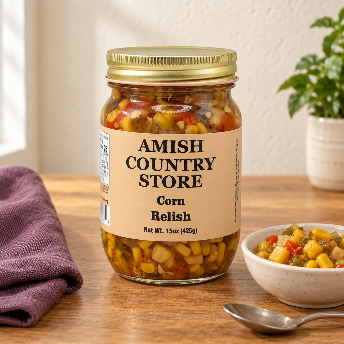 Amish Country Store Corn Relish, 15 oz (425g) jar, beside a small serving matching its contents.