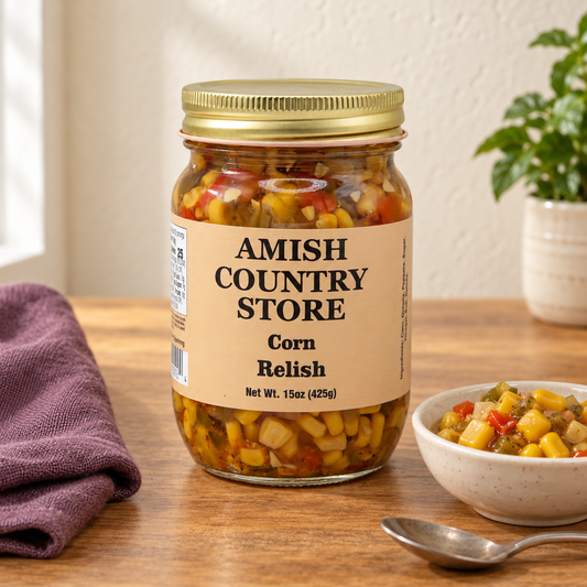 Amish Country Store Corn Relish, 15 oz (425g) jar, beside a small serving matching its contents.