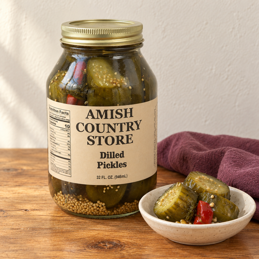 Dilled Pickles in its original labeled jar with a small serving beside it on a warm wood table.