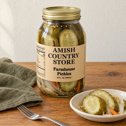 Mild Farmhouse Pickles in its original labeled jar with a small serving beside it on a warm wood table.