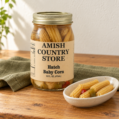 Amish Country Store Hatch Baby Corn,16fl oz jar beside pickled baby corn and pepper pieces.
