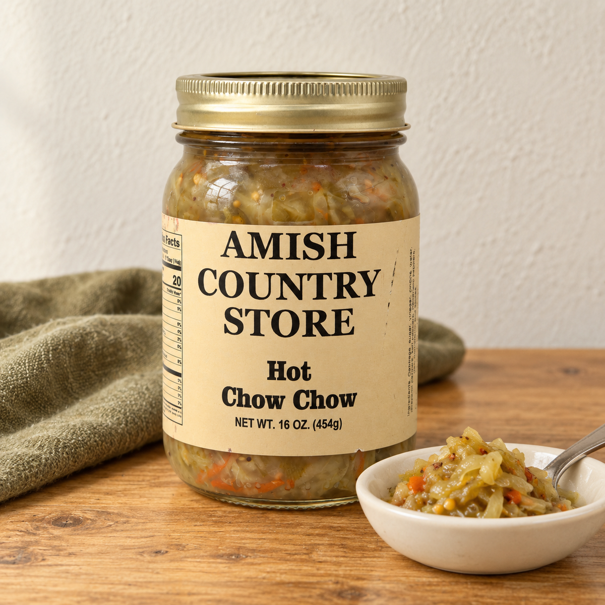 Amish Country Store Hot Chow Chow,16oz jar beside a serving of shredded vegetable relish.